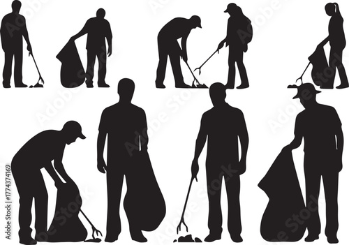 Diverse group of volunteers silhouettes cleaning up trash for environmental protection and community service