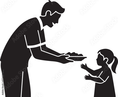 Man shares food with a child representing humanitarian aid and international volunteer day spirit