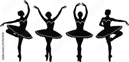 Ballerina elegant female dancer ballet pose silhouette vector illustration icon set 