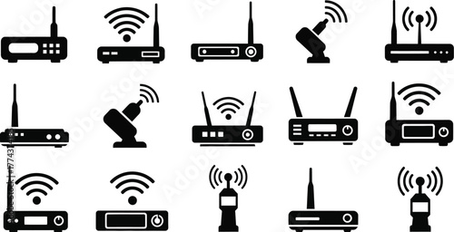 Wireless router, WIFI network and satellite connection. Network switch device, ethernet data transmission, digital communication technology vector illustration icon set. 