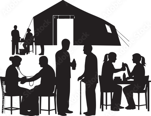 International volunteer day medical tent scene with doctors and patients helping community members