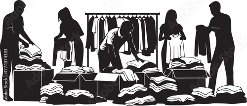 Diverse volunteers sorting clothes for charity event celebrating community support and giving