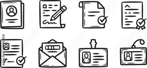 Collection Of Eight Hand Drawn Icons Related To Documents And Identification paper contract