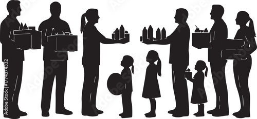 Silhouetted diverse group giving and receiving gifts for international volunteer day