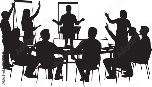 Diverse group of people in silhouette collaborating at a table during a presentation or meeting