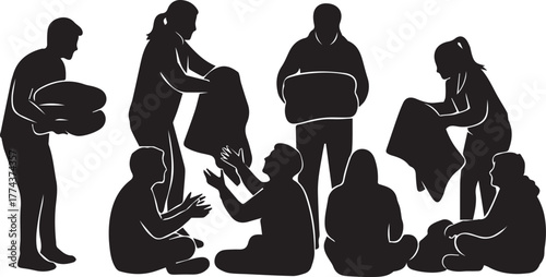 Diverse volunteers distribute blankets helping people in need international volunteer day concept