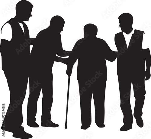 Silhouettes of volunteers assisting elderly people symbolizing compassion and community support