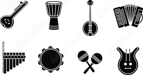 Djembe, accordion, sitar, banjo, pan flute, tambourine, and maracas musical instruments icons vector illustration, silhouette. 