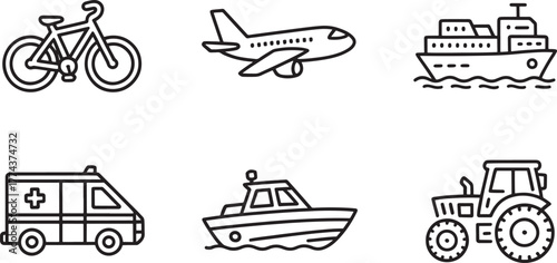 Collection of six diverse transportation and vehicle outline icons bicycle bike