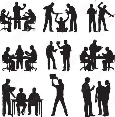 Diverse group of silhouetted people engaged in various professional and collaborative activities