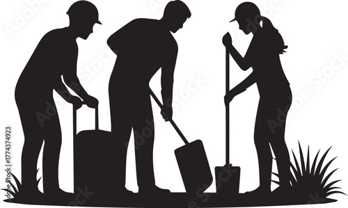 Silhouette of three diverse volunteers working together planting a tree on international volunteer day