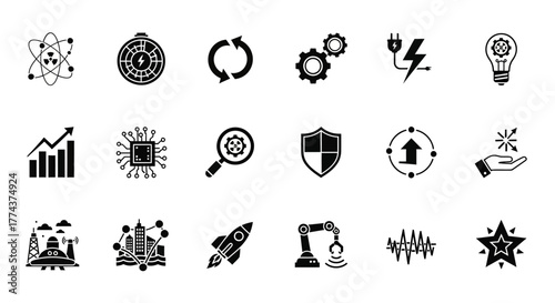 Black and White Vector Icons Representing Technology Science and Progress.