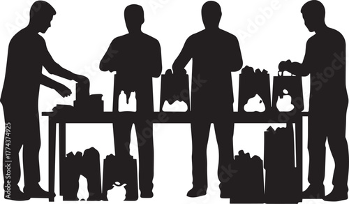 International volunteer day scene silhouettes diverse people working together distributing goods