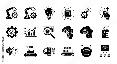 Black Silhouette Icons Representing Artificial Intelligence and Technology Concepts.