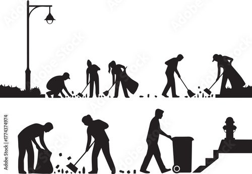 Silhouettes of volunteers cleaning park and street for international volunteer day celebration