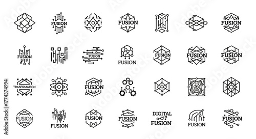 Collection of Black and White Fusion Logos with Geometric Designs.