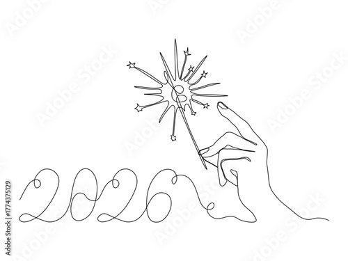 Happy New Year holiday card, hand with Bengal fire, sparkler and numbers 2026. continuous single one line art hand drawing sketch, logo on white background