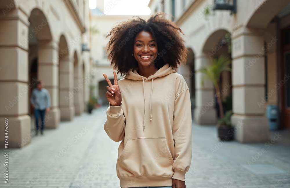 Obraz premium African american woman smiles showing peace sign outdoors in a beige hoodie. She has big curly hair. Background shows a city street with arches and a blurred figure walking.