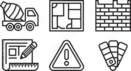 Construction and architecture icons with tools and plans Keywords: concrete mixer truck, floor plan