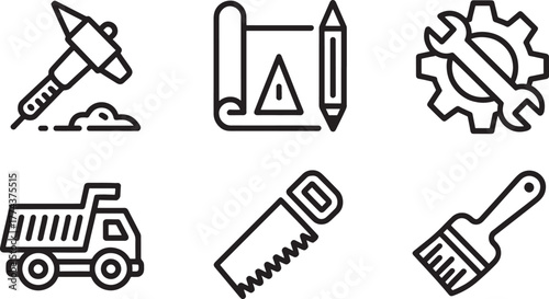 Construction and industry icons set with tools and truck hammer pickaxe