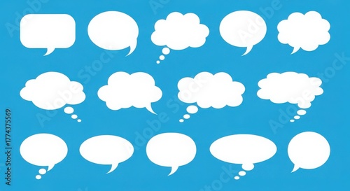 Collection of diverse white speech bubbles and thought clouds for communication graphics illustration
