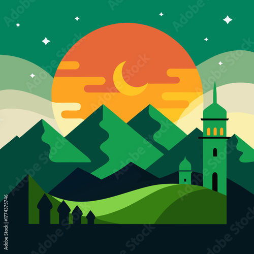 Stylized islamic landscape with crescent moon and mosque at sunset