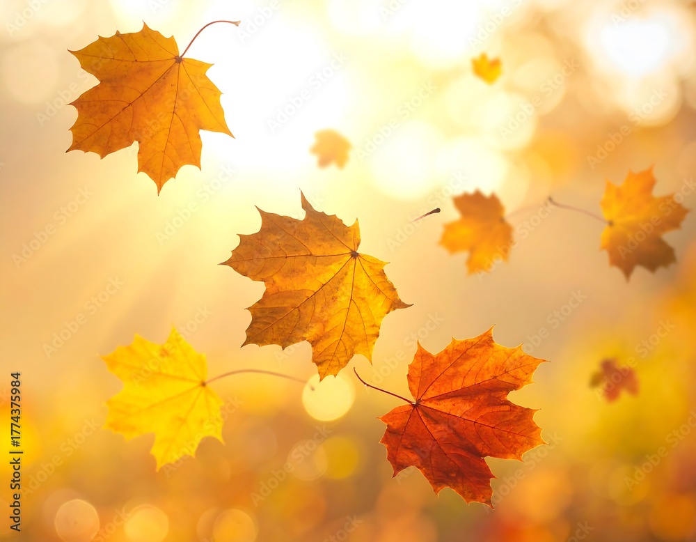 Fototapeta premium Autumn Leaves Falling - A Golden Symphony of Natures Transition.