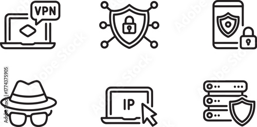 Cybersecurity and network security icons set on white background Keywords: VPN, virtual private