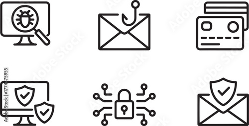 Cybersecurity and Online Security Icons with Computer and Envelope protection safety