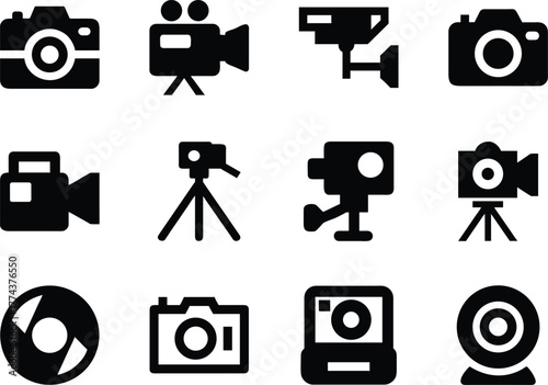 Camera icon set in bold silhouette vector style. Ideal for photography and media design.