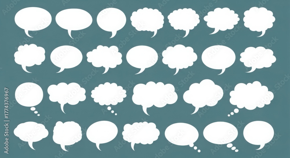 Naklejka premium Collection of varied white speech bubbles and thought clouds for communication and dialogue icons illustration