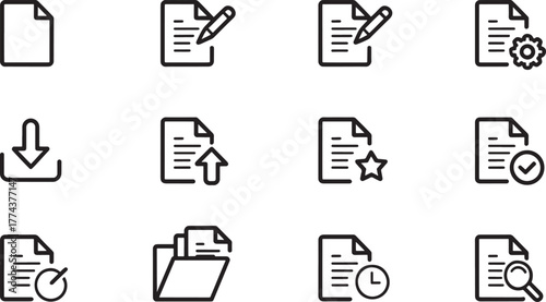 Document Icons Set With Pencil Download Upload Star And Magnifier Keywords: document, file, paper