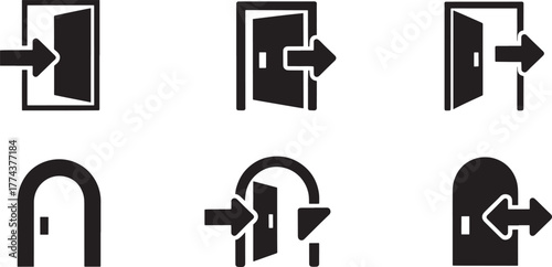 Door Entrance and Exit Icons Set in Black Silhouette on White Background vector illustration