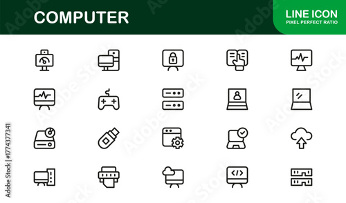 Computer Line Icon Set – Professional Modern Vector Symbols for Technology and Digital Devices