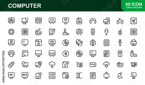 Computer Line Icon Set – Professional Modern Vector Symbols for Technology and Digital Devices