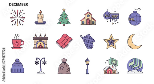 Colorful December Holiday Icons Christmas Tree, Church, Fireworks & More