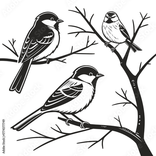Three birds perched on branches, vector illustration