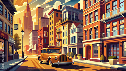 Realistic vector of old New York street in 1920s style, yellow taxi, brick buildings, warm sunlight, nostalgic urban scene