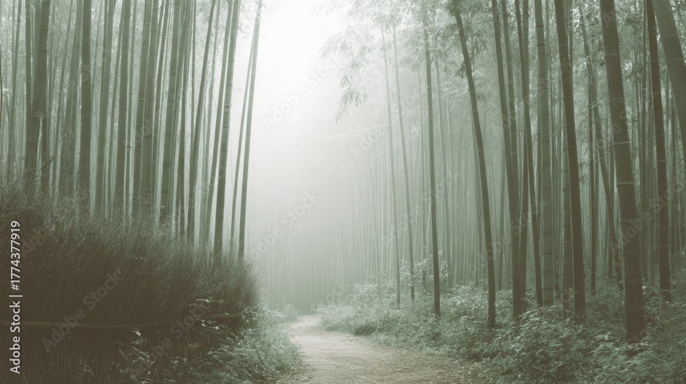 Fototapeta premium Photograph of a path through a dense bamboo forest. the trees are tall and slender, with their trunks reaching up towards the sky.