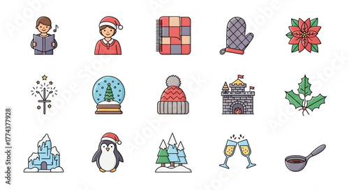 Set of Holiday Vector Icons Caroler, Scarf, Poinsettia, Snow Globe, Champagne Flutes & More