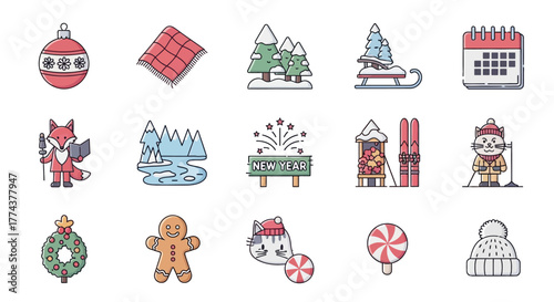 Whimsical Winter Holiday Icon Set with Festive Elements and Snowy Scenes for Seasonal Designs