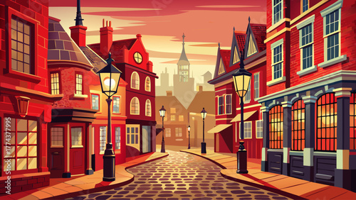 vector of old London street, red brick houses, vintage lamps, foggy atmosphere, cobblestone road, nostalgic charm of historical city