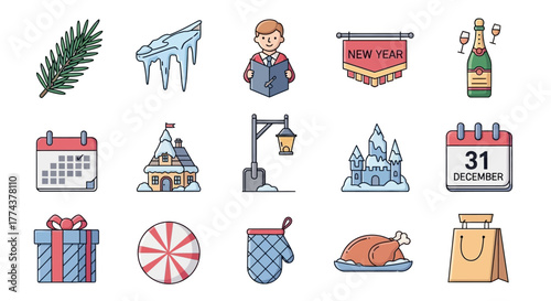 Winter Holiday Icons Spruce, Icicles, Reader, New Year, Champagne, Calendar, House, Lantern, Castle, Gift, Peppermint