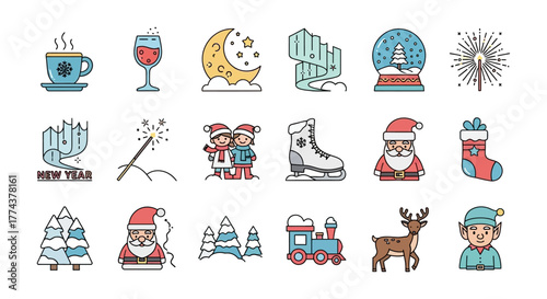 Winter Holiday Icons A Colorful Collection of Festive Symbols for Christmas and New Year's Celebrations