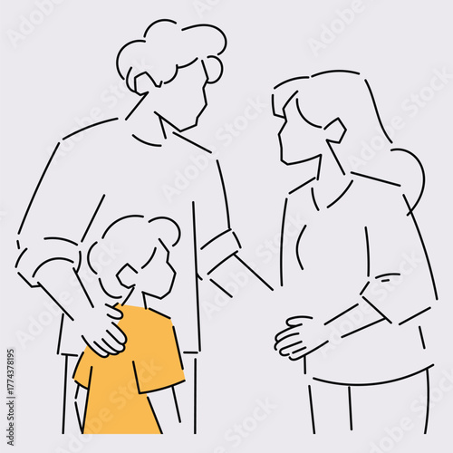 Minimalist line art illustration of a family with two adults and one child, showing care, guidance, and emotional connection through simple lines and subtle color accent.