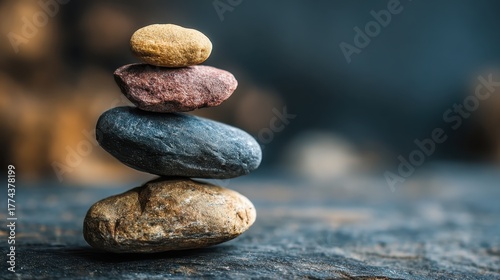 Colored stones are carefully stacked in a balanced formation on a smooth surface in a serene setting