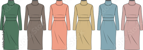Set of women's turtleneck long-sleeve midi dresses in various colors. Fashion technical flat sketch template for apparel design and clothing collection