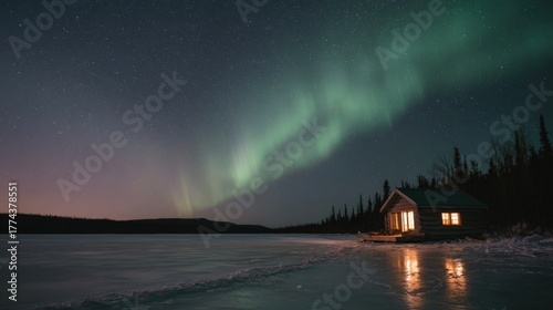 Fototapeta Naklejka Na Ścianę i Meble -  Beautiful night scene of a cabin on a frozen lake. the cabin is made of wood and has a sloping roof, with a small porch and a chimney.