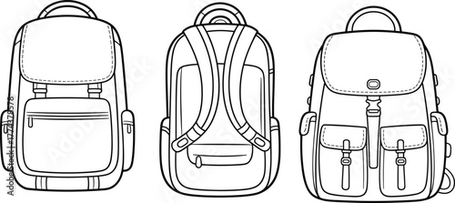 Backpack, travel bag, school backpack, hiking gear, CAD drawing, vector illustration, technical sketch, zipper pocket, shoulder strap, buckle, product design