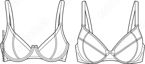 Bra technical sketch, lingerie flat vector, front view, CAD drawing, underwire support, adjustable straps, seam detail, fashion design, garment construction